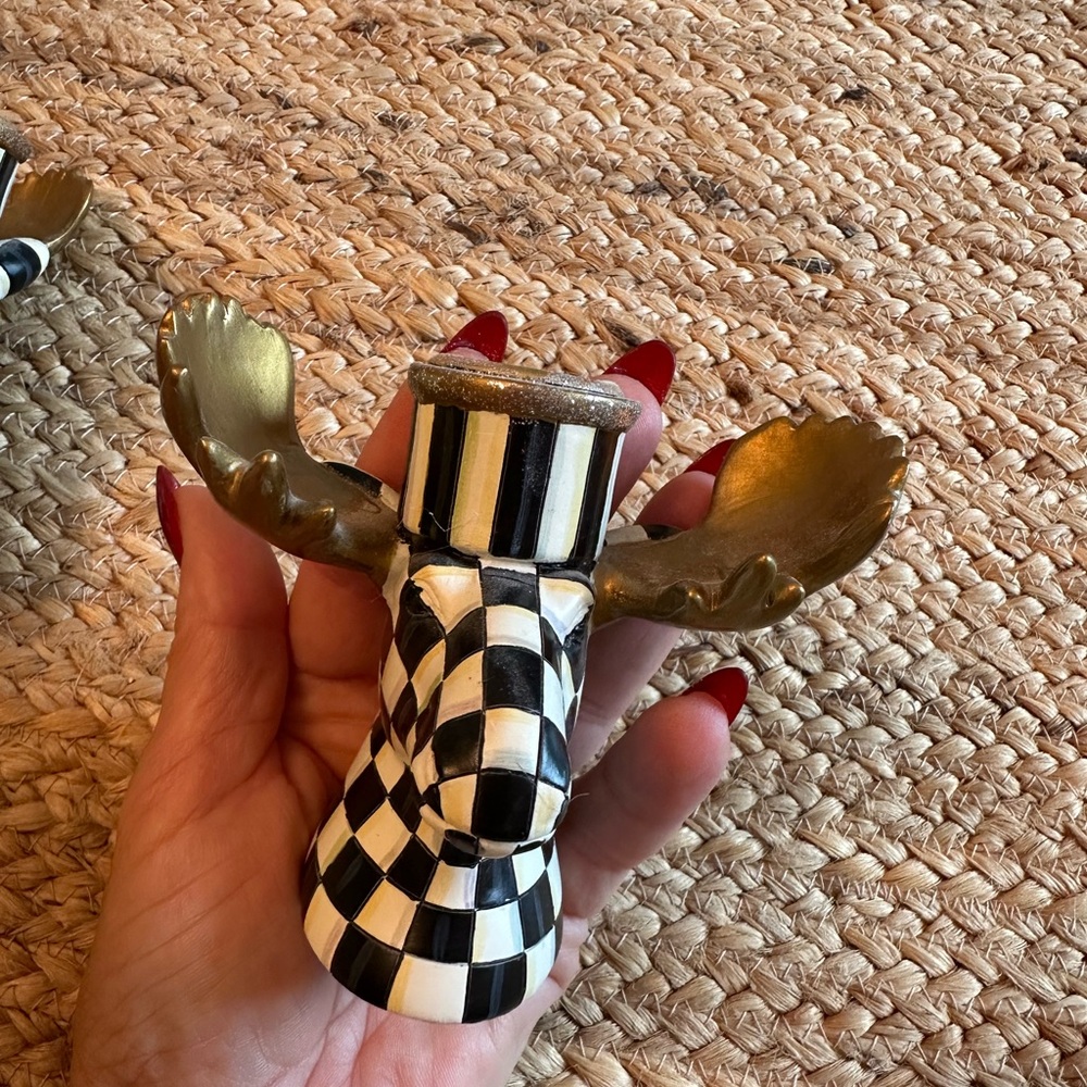 MacKenzie-Childs Black and White Checkered Candle Holders with Gold Wings - Picture 9 of 11
